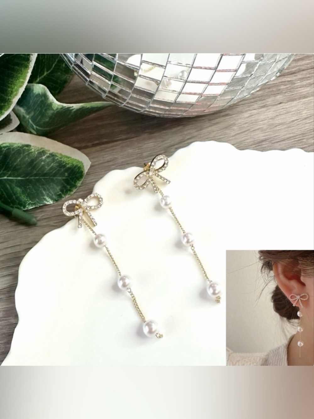 2/$30🌵 Faux Pearl Waterfall Tassel Rhinestone Bow Earrings Sparkle Jewelry NEW